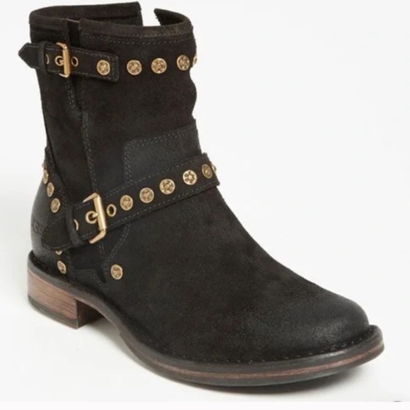 NEW UGG Fabrizia Studs Black Suede Moto Biker Side Zip Ankle Boots - Picture 1 of 16